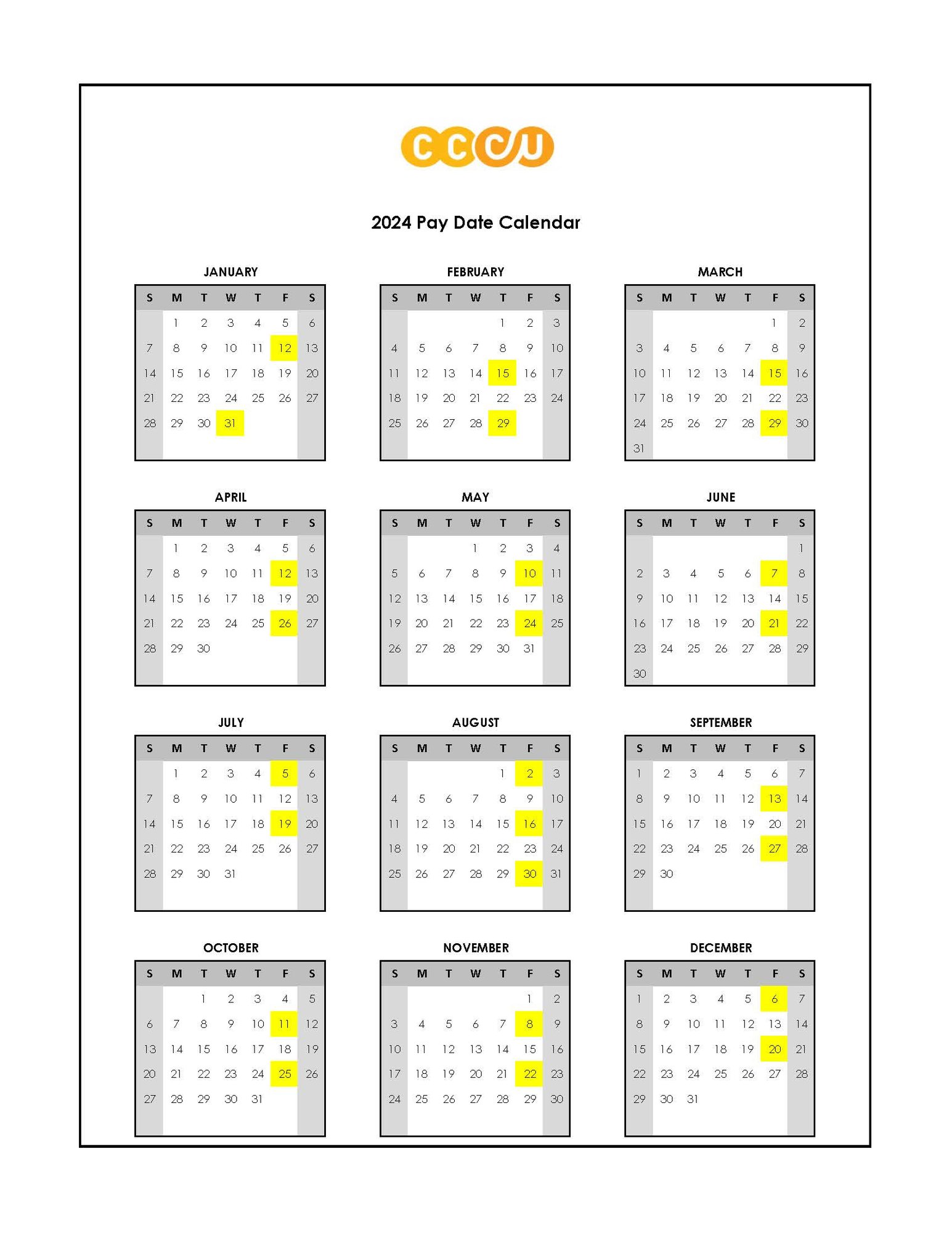 2024 Pay Date Calendar